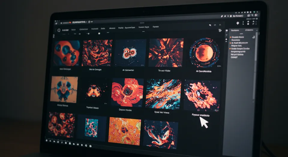 Tela de laptop mostra artes digitais coloridas em exibição