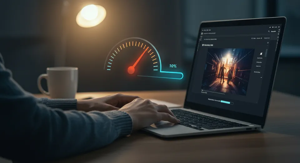 Laptop mostra edição digital com velocímetro de desempenho