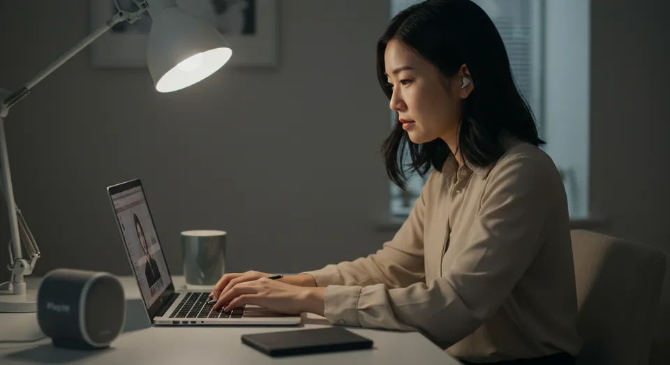 Mulher trabalha no laptop à noite em ambiente iluminado
