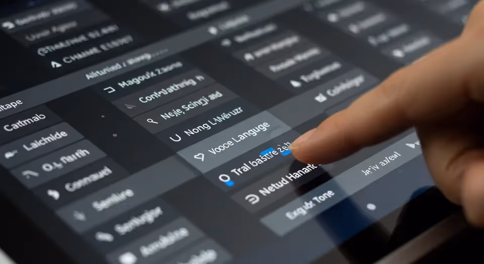 Dedo toca tela escolhendo idioma em interface digital