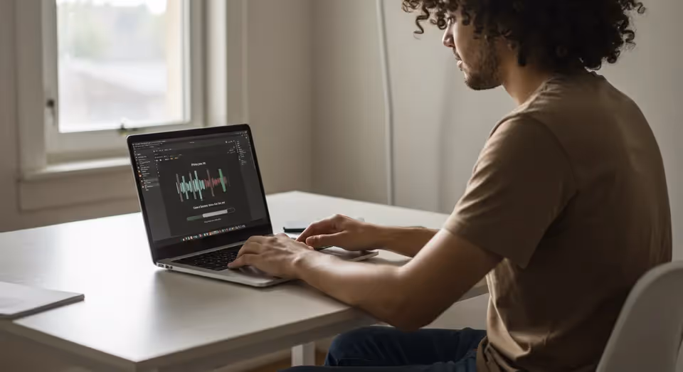Homem edita ondas sonoras em programa de áudio no laptop