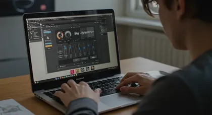 Designer cria arte digital em monitor widescreen moderno