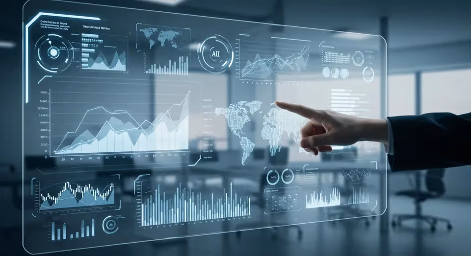 Painel holográfico com gráficos e dados de inteligência
