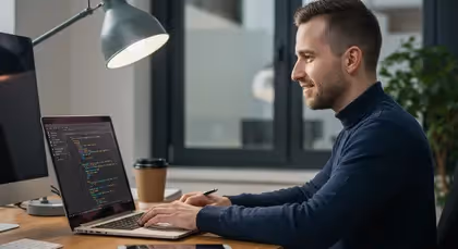 Programador em notebook próximo à janela, escrevendo código.