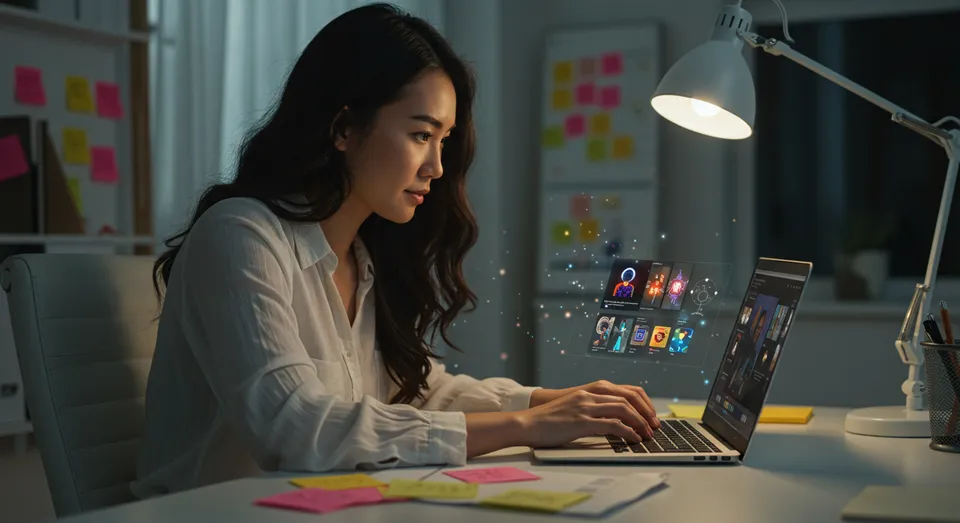 Mulher usando laptop com ícones digitais flutuando