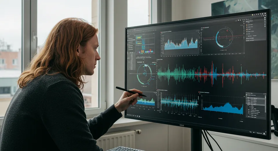Analista apontando gráficos de áudio em monitor grande