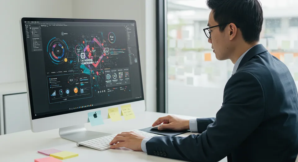 Executivo analisando dashboards com gráficos de IA