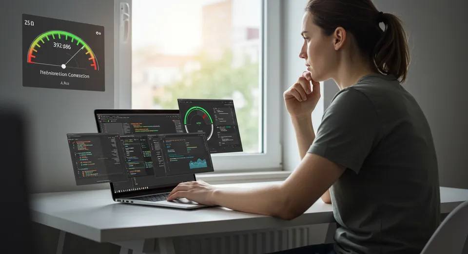 Programadora observando métricas em telas holográficas