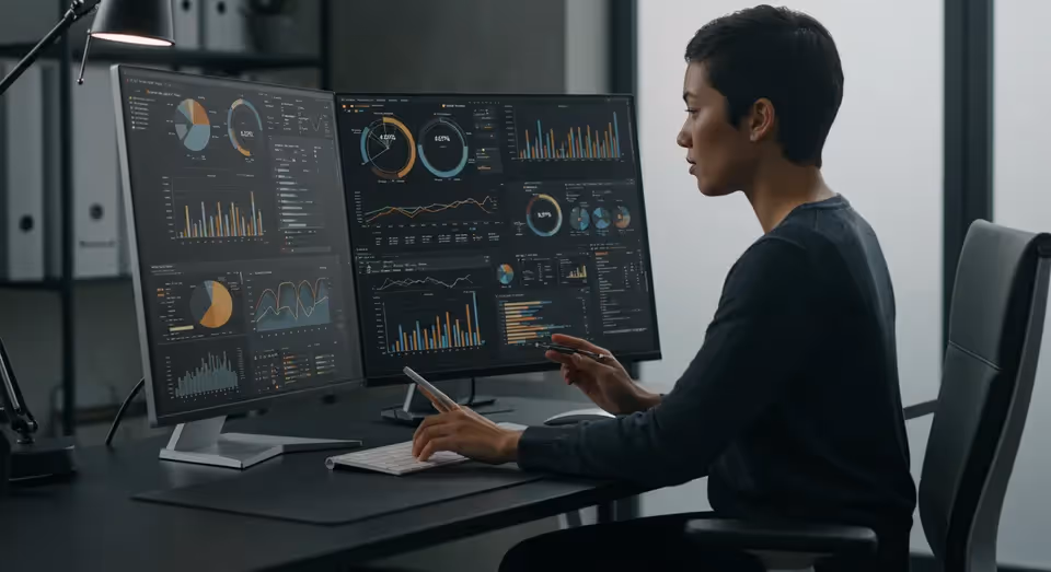 Analista observando dashboards de dados em monitores