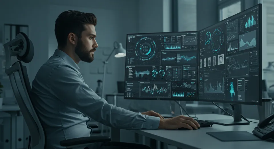 Analista monitorando dashboards com inteligência artificial