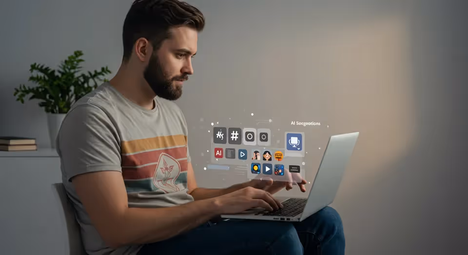 Homem digitando em laptop com sugestões de IA