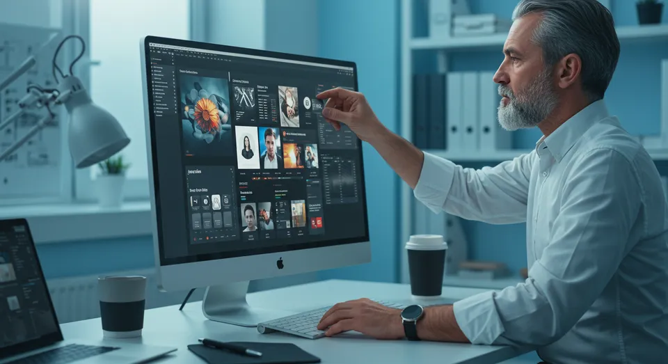 Designer analisando interface criativa em computador