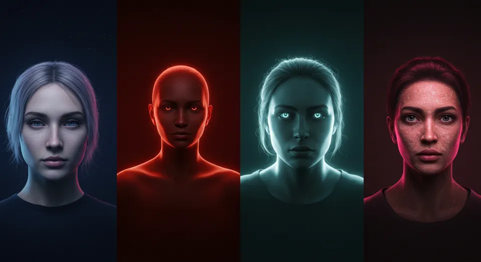 Retratos digitais futuristas de quatro rostos femininos