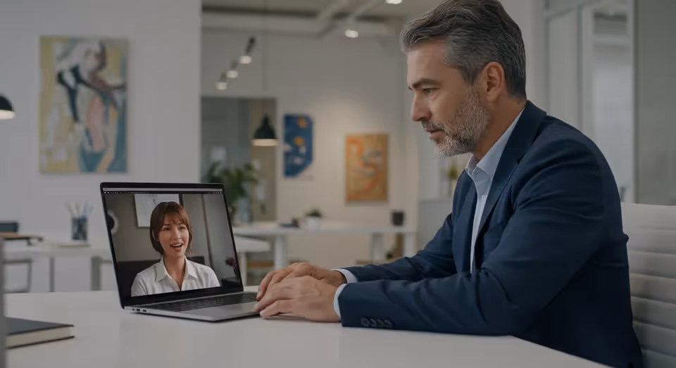 Executivo em videoconferência no laptop no escritório