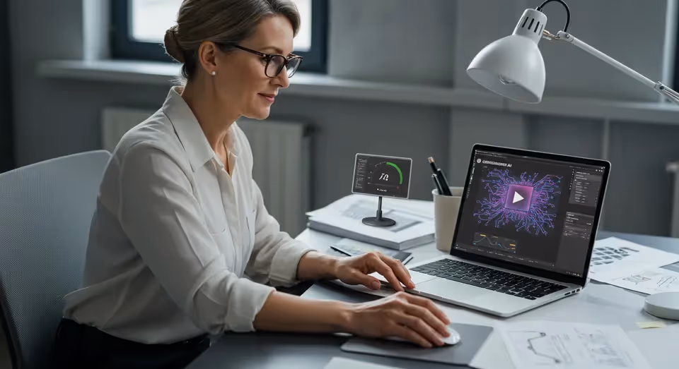 Mulher analisando gráficos de IA em laptop no trabalho