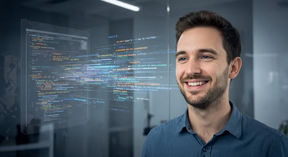 Programador sorrindo diante de código digital flutuante