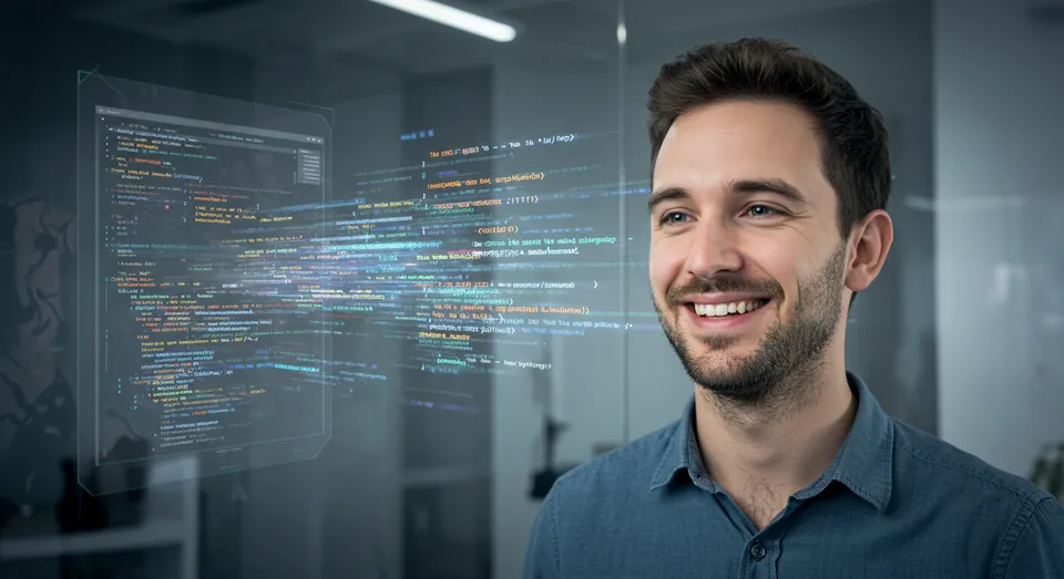 Programador sorrindo diante de código digital flutuante