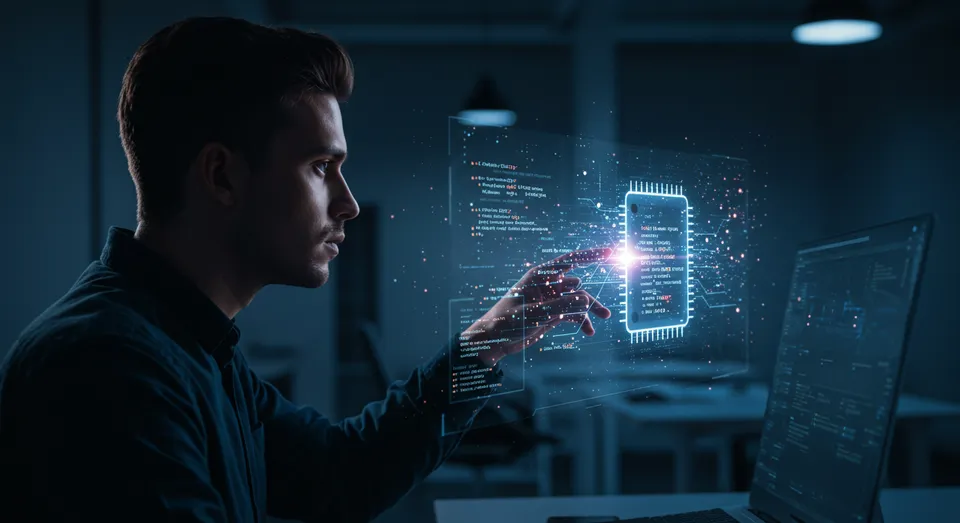 Desenvolvedor interagindo com chip digital holográfico
