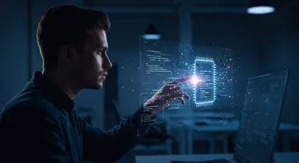Programador apontando chip virtual com código holográfico