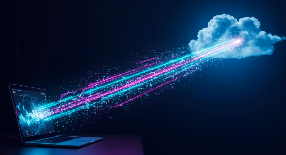 Dados digitais conectando laptop à nuvem em neon