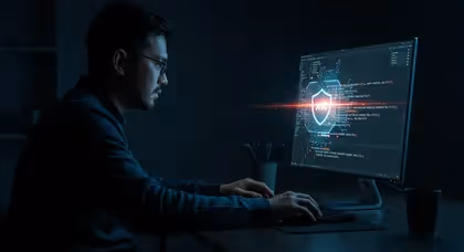 Programador de perfil com editor de código e ícone de escudo no monitor.