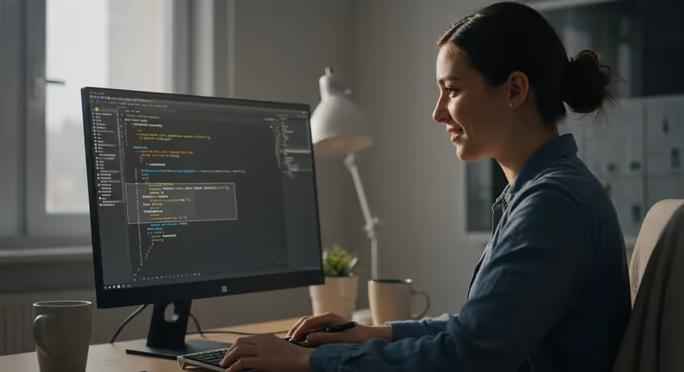 Desenvolvedora sorri programando código em editor na tela grande.
