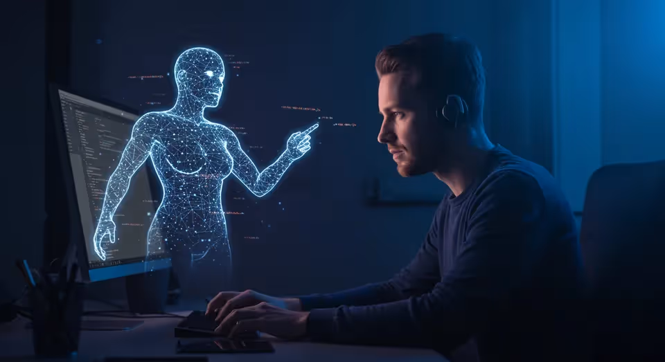 Programador interage com holograma humano digital na tela.