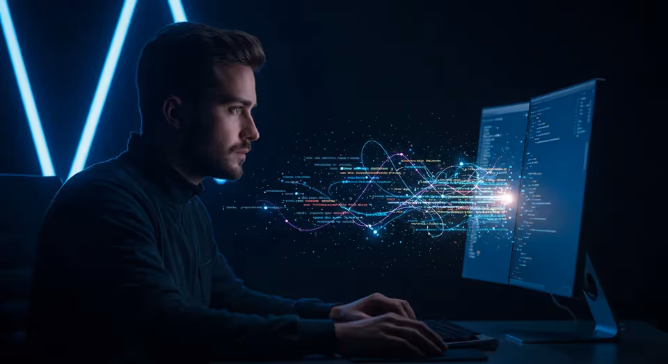Programador usando dois monitores com códigos digitais