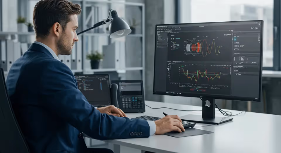 Executivo analisando gráficos em tela de computador no escritório