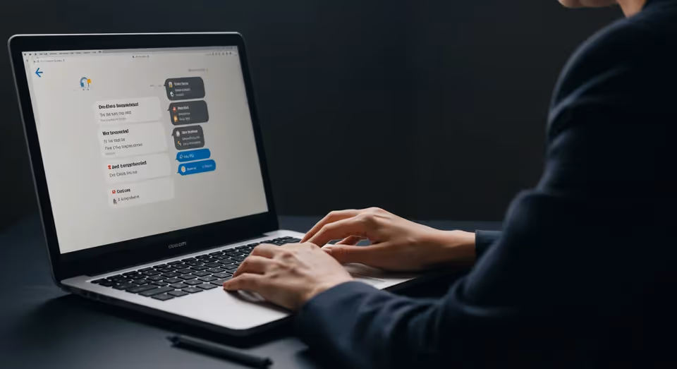 Usuário digitando em laptop com interface de chatbot na tela