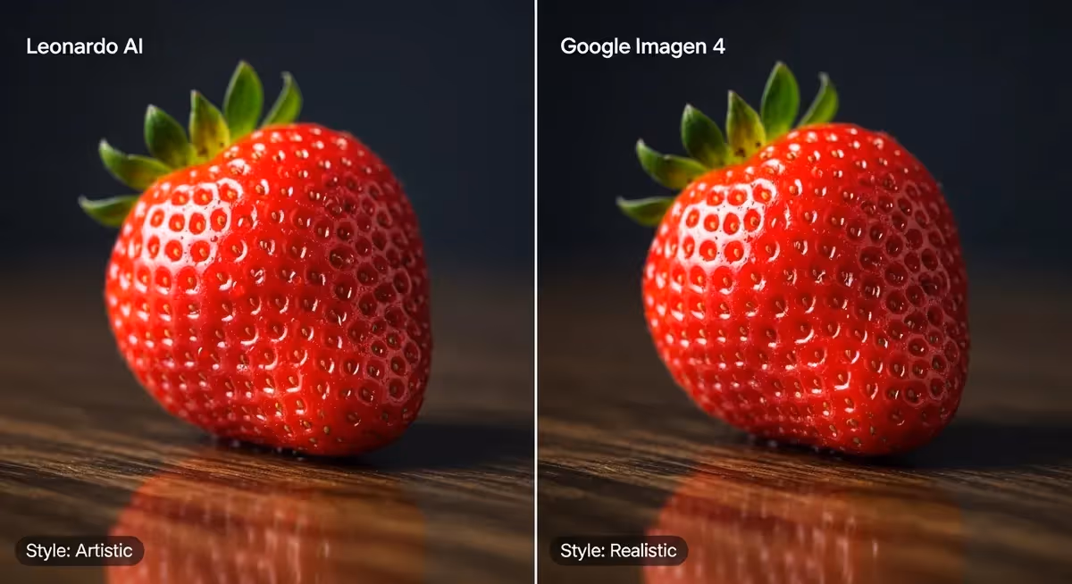 Comparação morango: Leonardo AI artístico vs Imagen 4 real