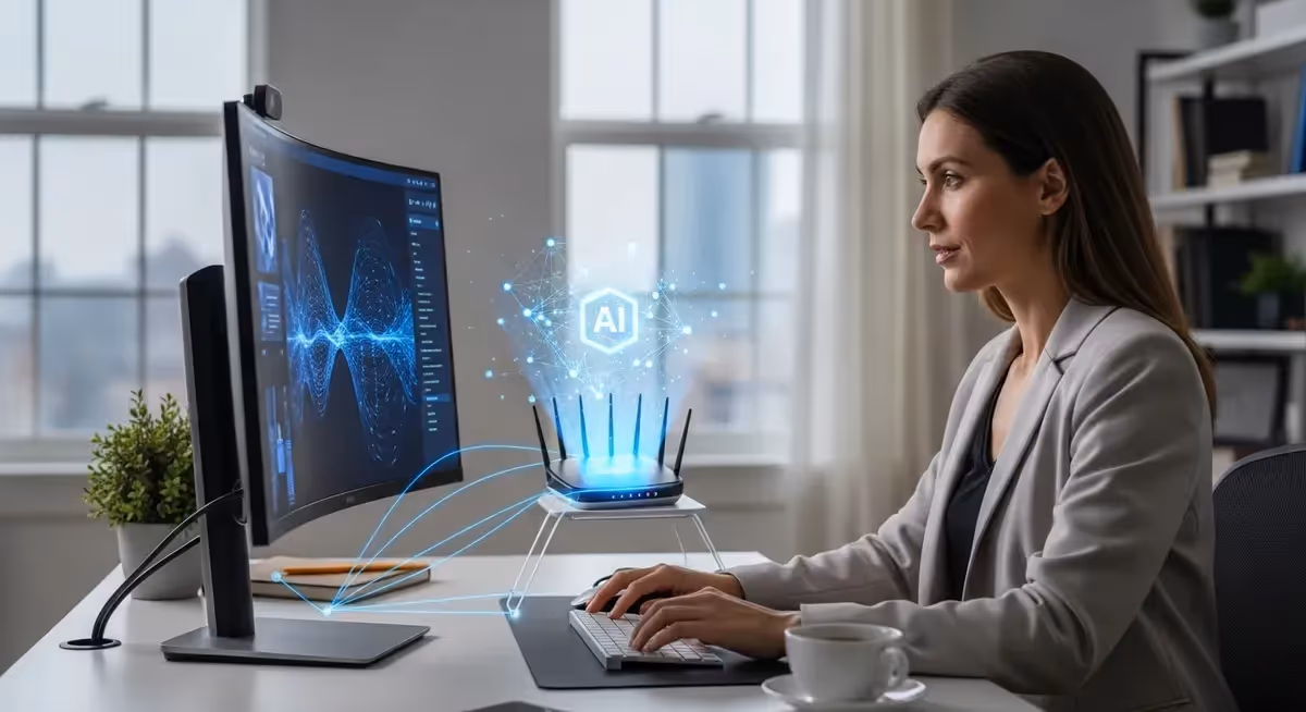 Analista usa PC com ícone de IA e roteador futurista