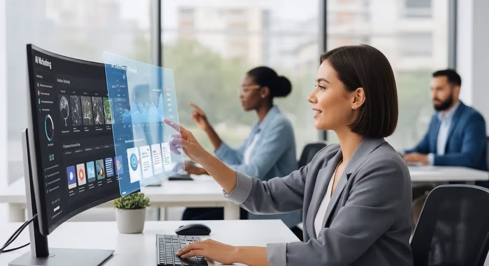 Mulher usa monitor curvo com painel IA em escritório moderno