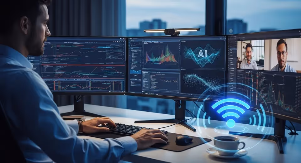Homem trabalha com IA em múltiplos monitores e rede Wi-Fi