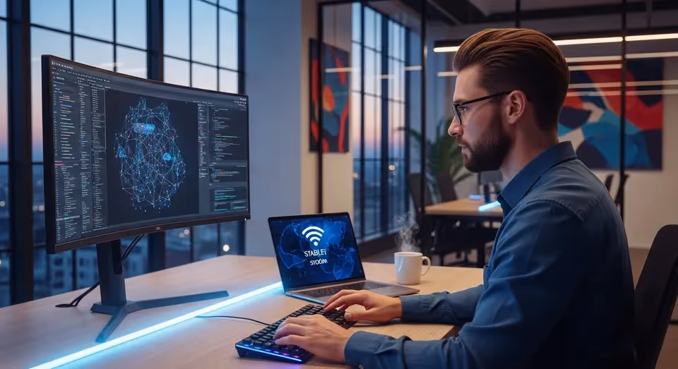 Homem programa IA em monitor curvo com conexão estável