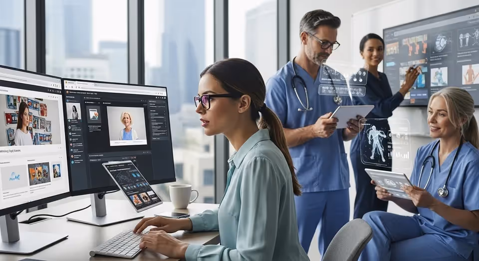 Equipe médica usa IA em telas digitais para diagnósticos