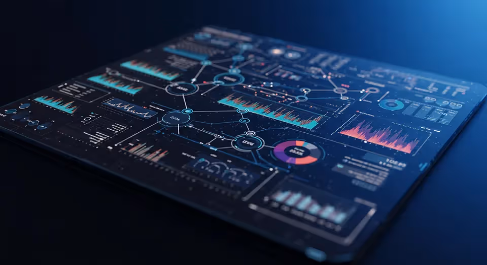 Tela futurista exibe dashboards e dados digitais em destaque