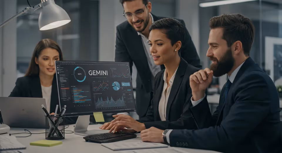 Equipe de negócios analisa gráficos e relatórios no Gemini