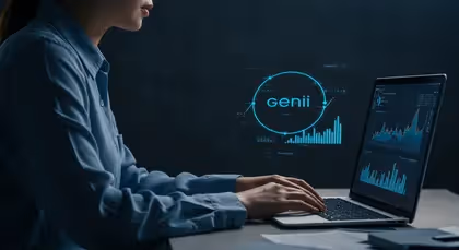 Profissional consulta dados financeiros em laptop com Genii