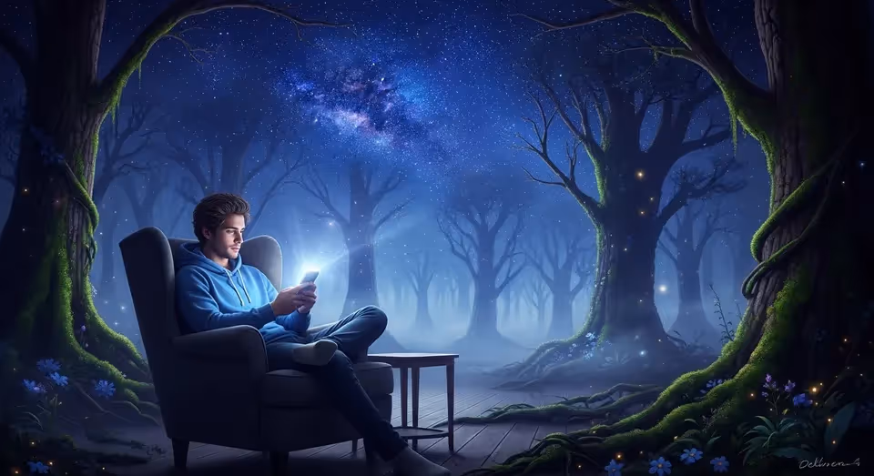 Versão reduzida de homem em poltrona usando celular em floresta mágica.