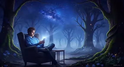 Versão reduzida de homem em poltrona usando celular em floresta mágica.