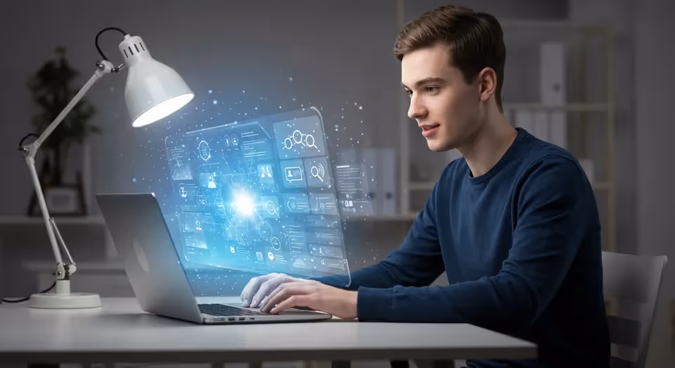 Jovem usando notebook com interface futurista projetada.