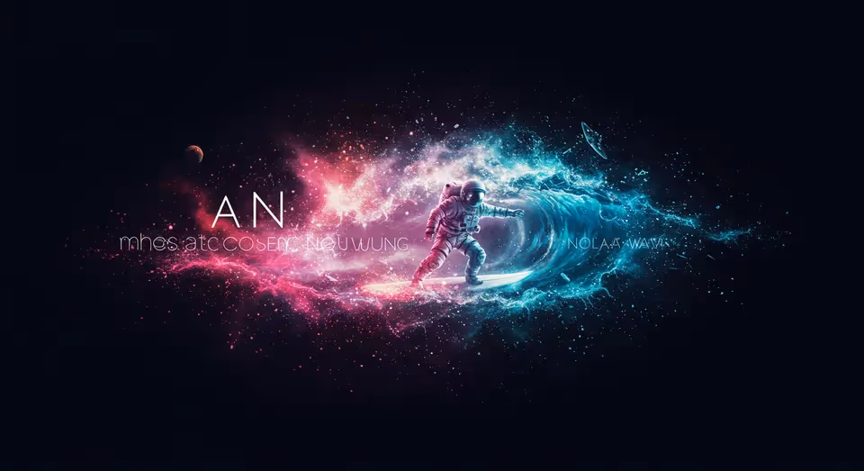 Astronauta surfando em onda cósmica colorida no espaço.