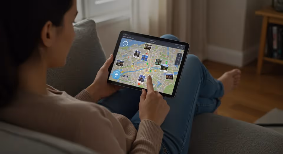 Mulher relaxa no sofá usando tablet com mapa interativo.