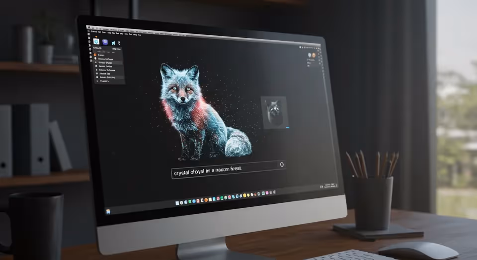 Computador exibindo raposa digital em tela futurista.