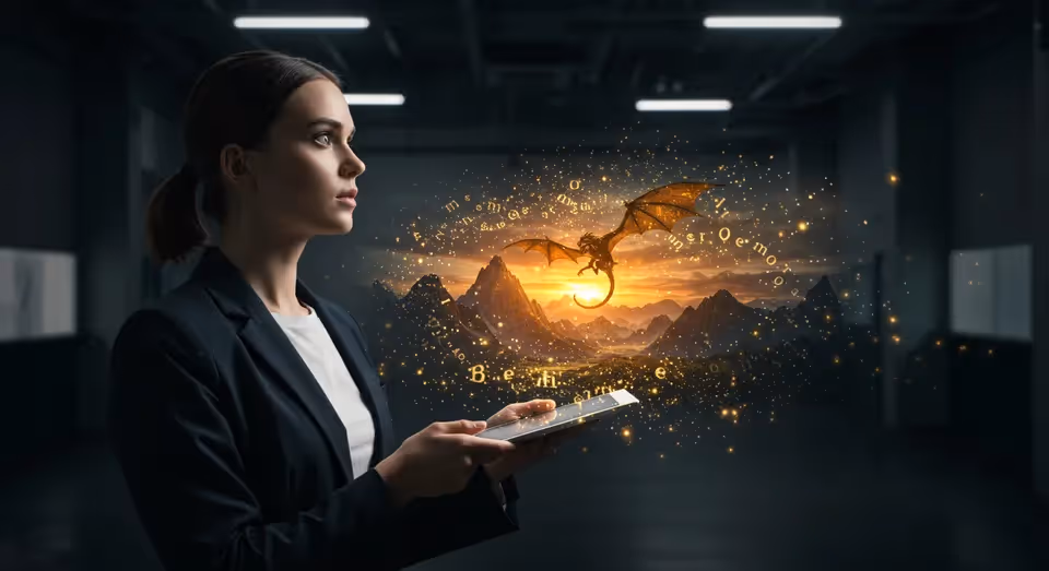 Mulher observa holograma de dragão dourado sobre montanhas.