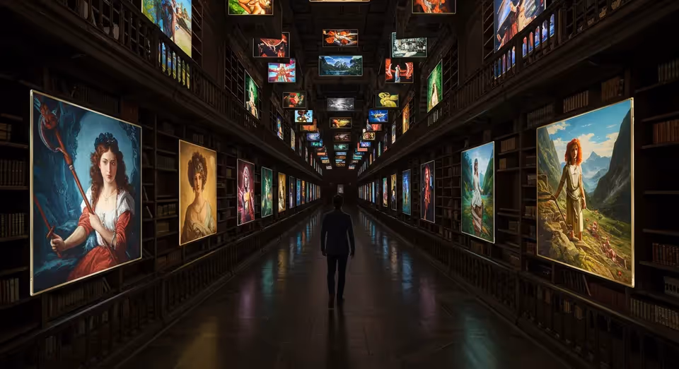 Pessoa caminha em galeria iluminada com pinturas digitais.