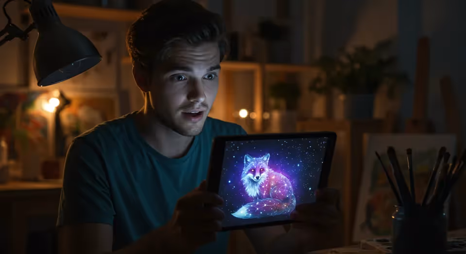 Jovem admirado segura tablet com raposa cósmica digital