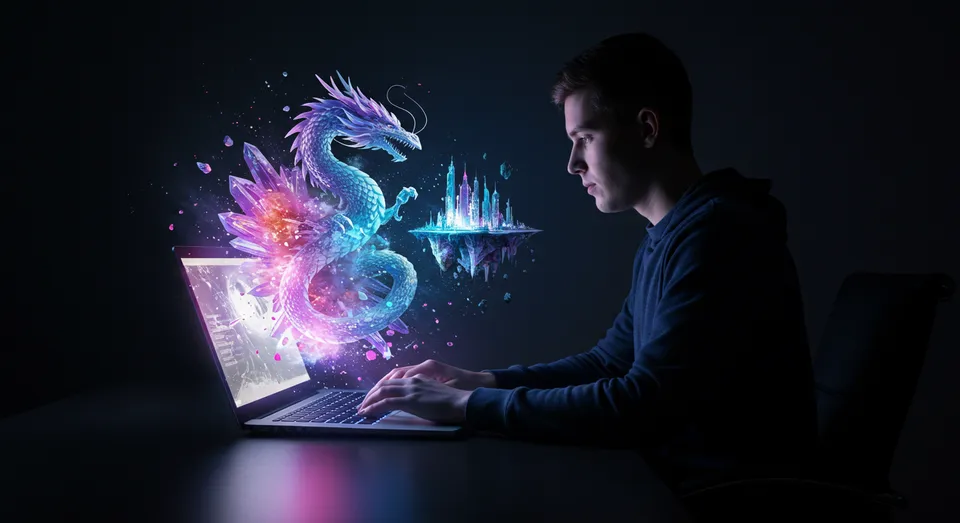 Homem diante de laptop com dragão holográfico e cidade flutuante