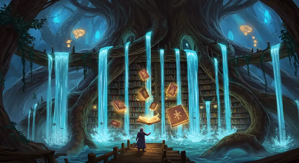 Biblioteca mágica em árvore gigante com cachoeiras e livros flutuantes